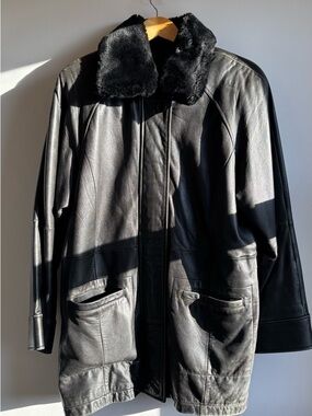 Valerie Stevens Black Leather Coat with Faux Fur Collar